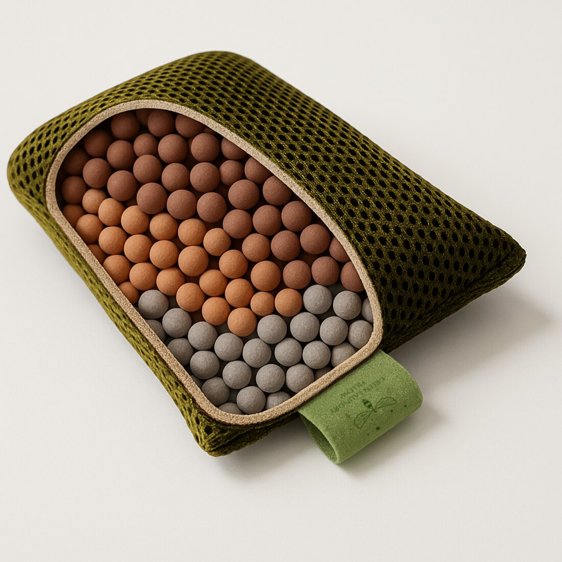 Cutaway of the Green Laundry Pillow showing grey, light-brown and dark-brown mineral ceramic balls